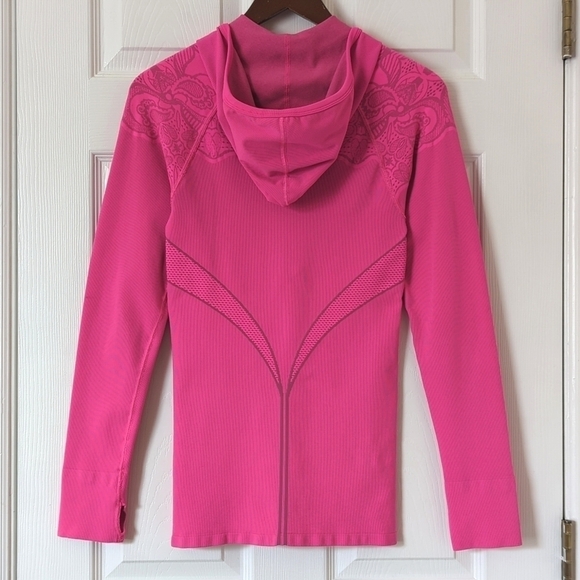 Athleta Paisley Jacquard Knit Form Fitting Quarter Zip Hooded Top Hot Pink M - Picture 8 of 11